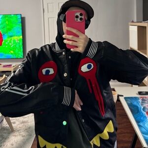 Hardsoda Skeleton Bones Varsity Jacket Black Faux Leather Unisex